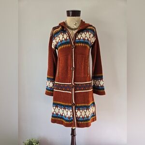 MONARCH KNITS Vintage 70s Hooded Cardigan with Colorful Patterns. Size Medium